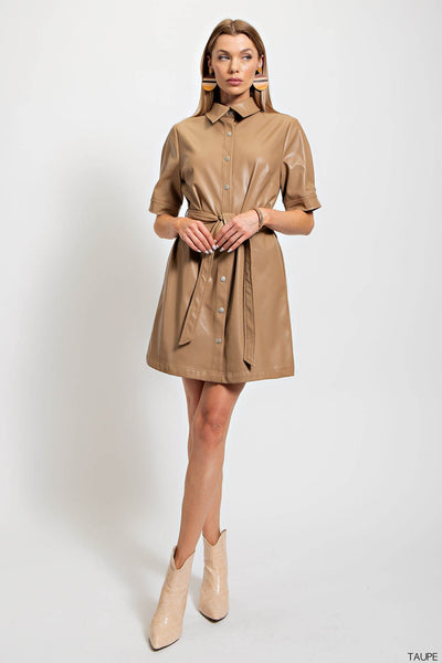 Taupe Leather Button Down Dress