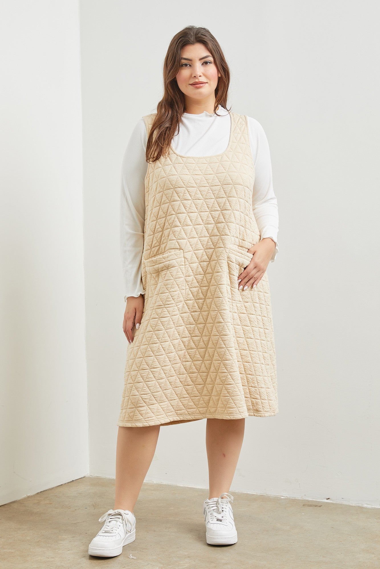 Cream Knit Fabric Tank Midi Dress