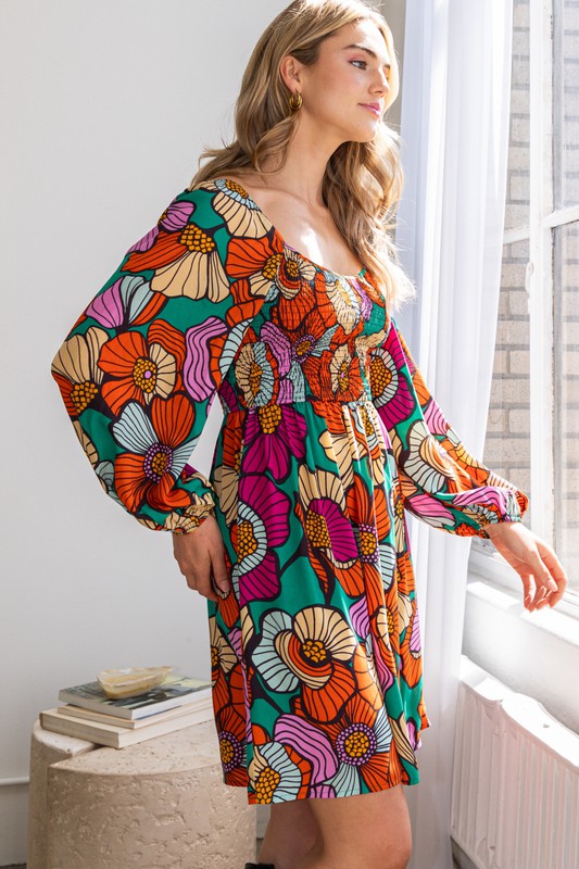 Curvy / Orange Floral Print Mini Dress