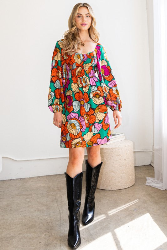 Curvy / Orange Floral Print Mini Dress