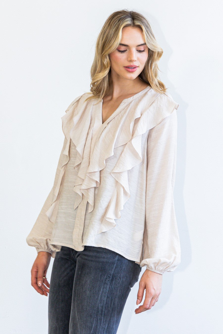 Taupe V-Neck Ruffled Blouse