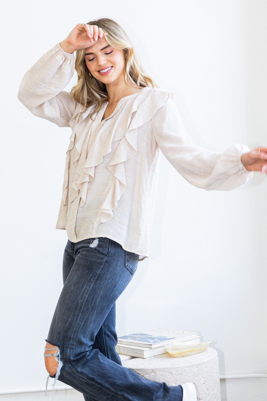 Taupe V-Neck Ruffled Blouse