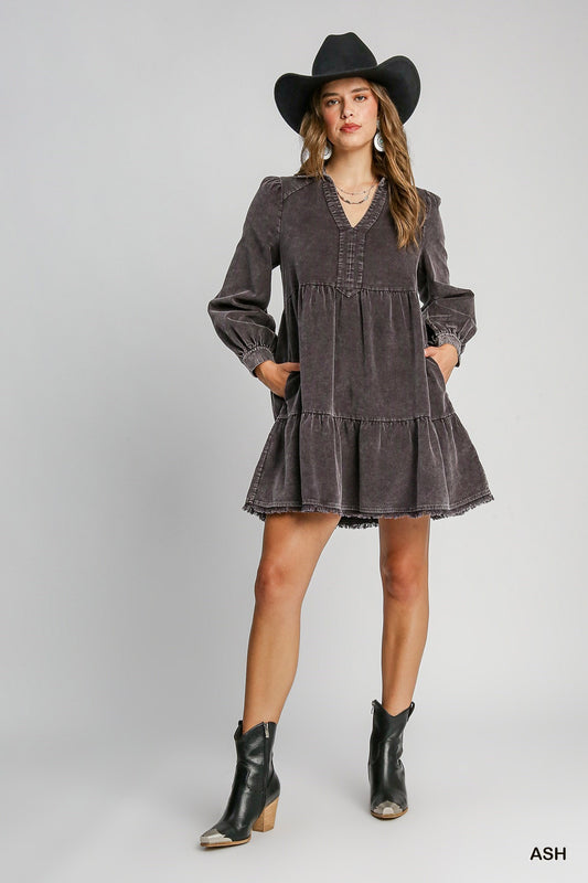 Mineral Wash Corduroy Tiered Dress