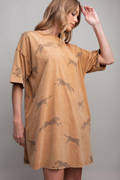 Washed Cheetah Print Shirt Dress