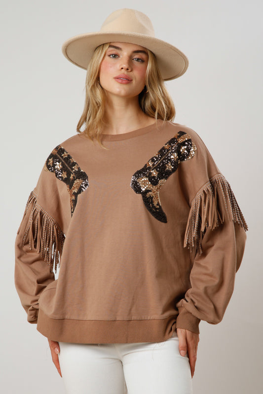 Sequin Cowboy Boot Pullover w/Fringe