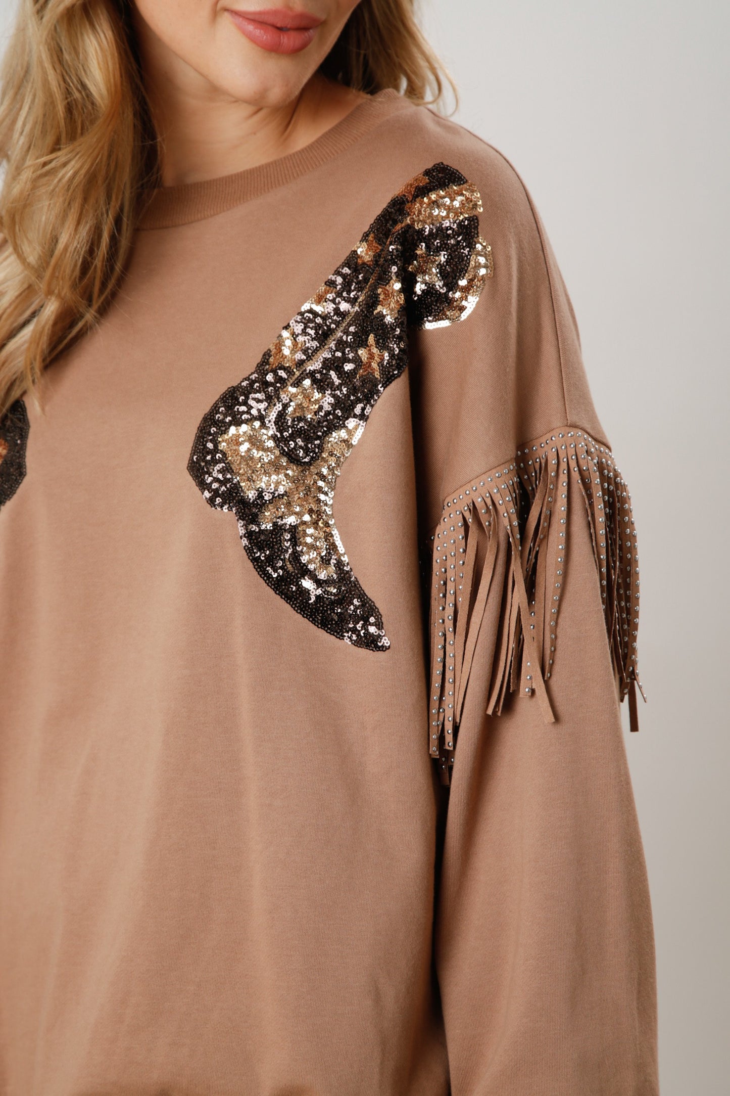 Sequin Cowboy Boot Pullover w/Fringe