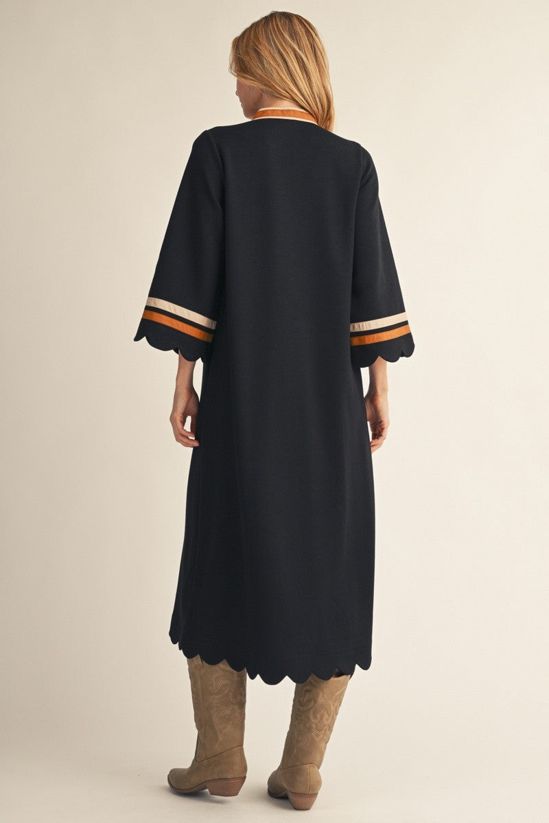 Scallop Edge Detail Solid Midi Dress
