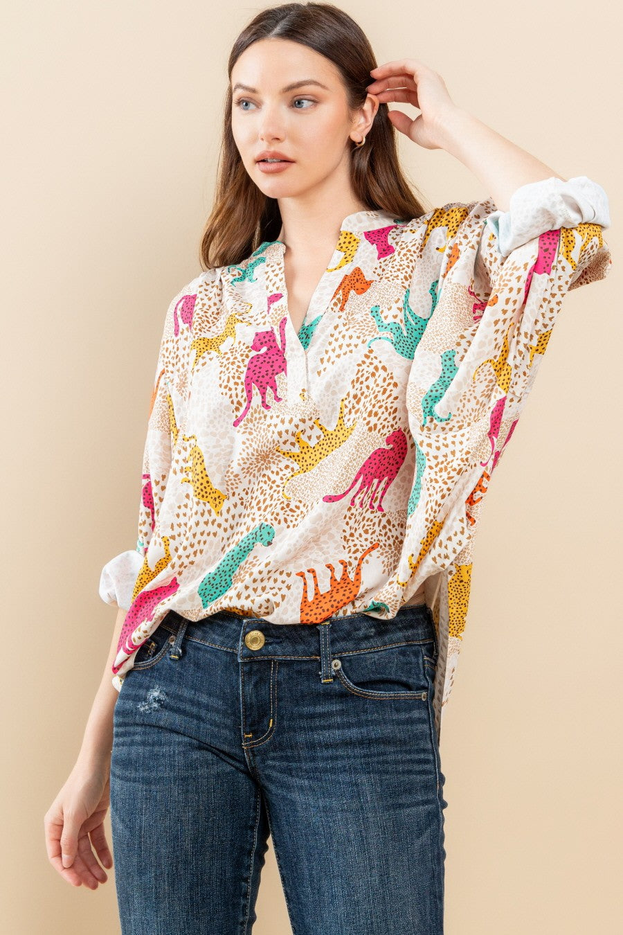 Yellow Cheetah Print V-Neck Blouse