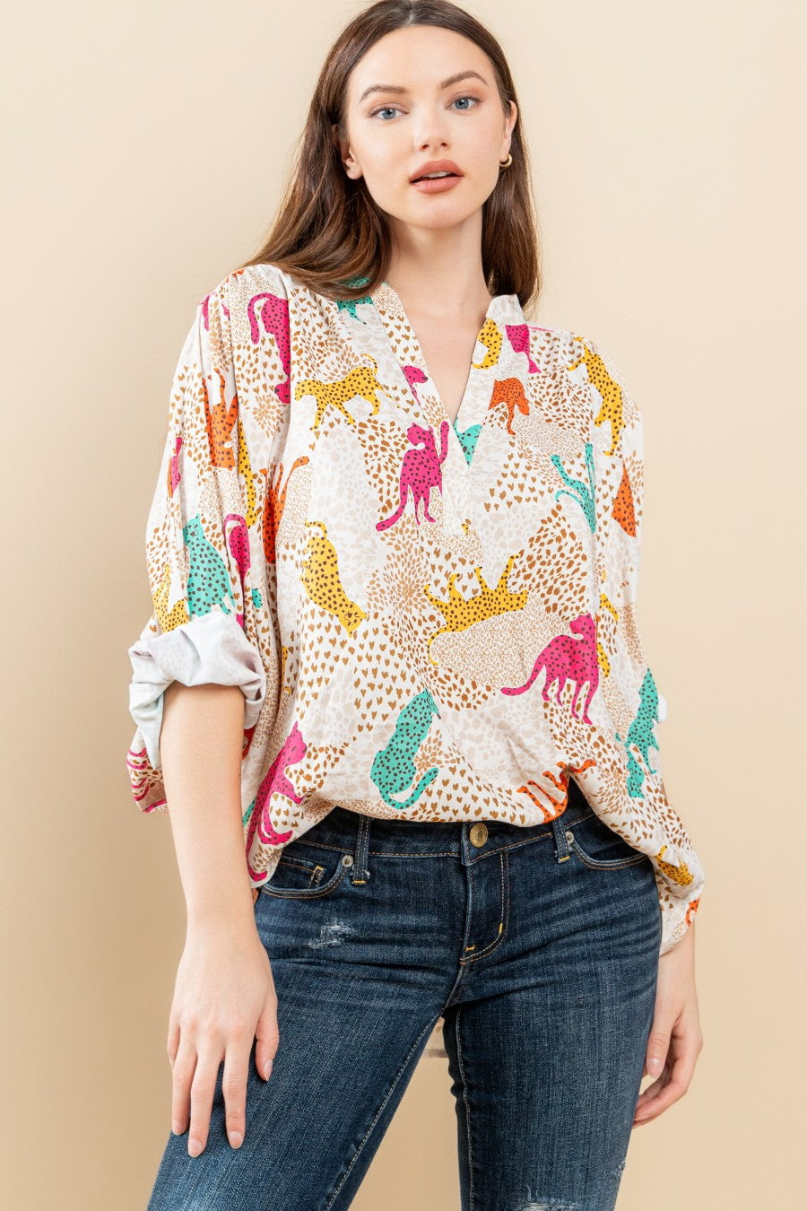 Yellow Cheetah Print V-Neck Blouse