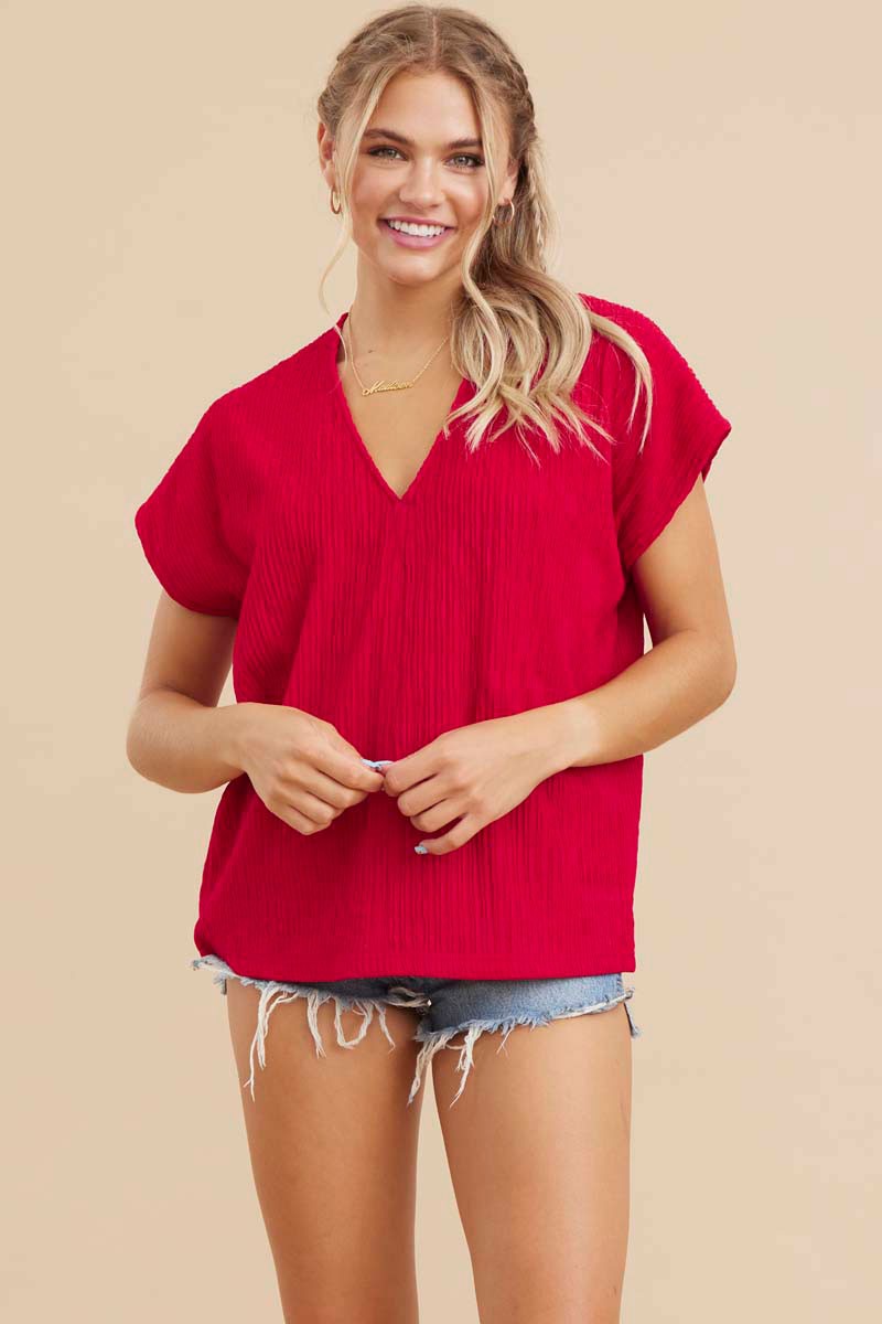 Red V-Neck Textured Short Sleeve top