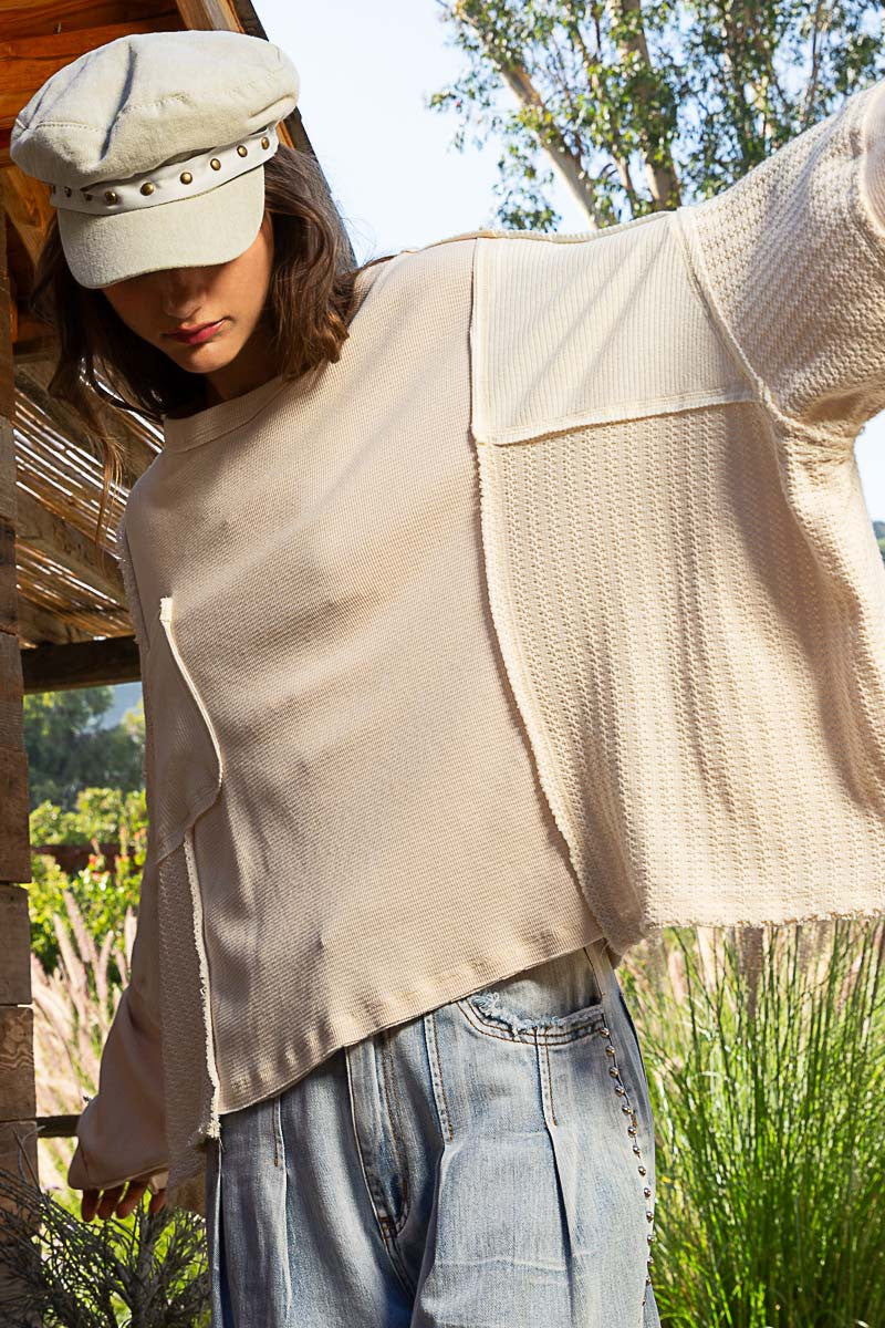 Oversize Cut Sew Mixed Fabric Round Neck Top