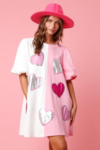 White/Pink Foil Hearts Color Block Dress