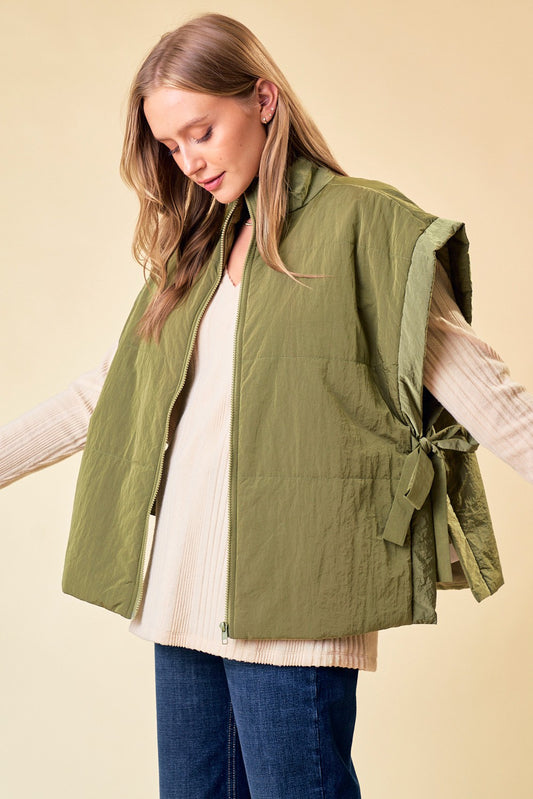 TIE SIDE PUFFER VEST olive
