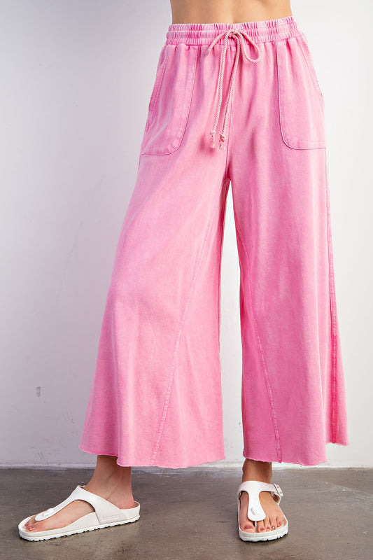 Pink WASHED TERRY KNIT WIDE LEG PANTS