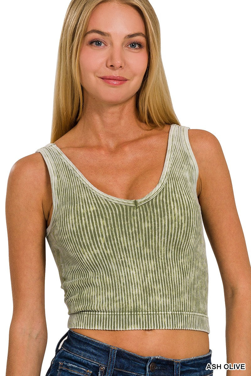 Washed Ribbed Cropped Bra Padded Tank Top