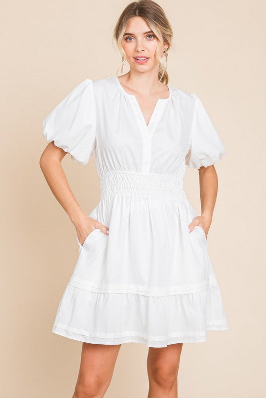 Solid White Dress w ruffle Sleeves