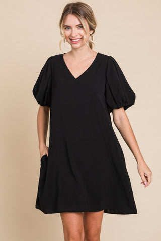 Solid Black Dress w/Puffed Sleeves