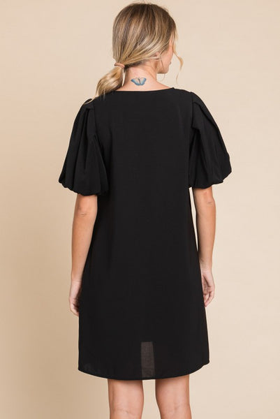 Solid Black Dress w/Puffed Sleeves