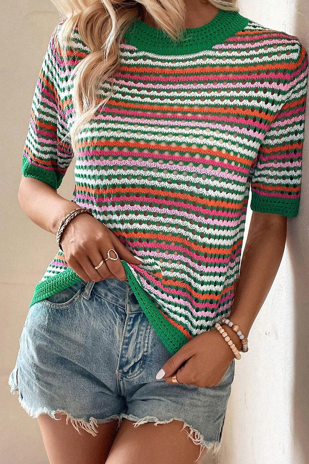 Striped Colorblock Sweater w/Short Sleeves