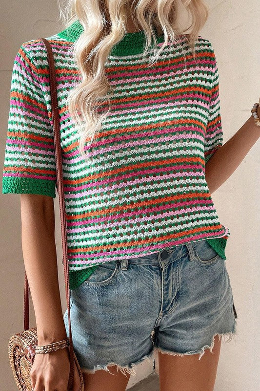 Striped Colorblock Sweater w/Short Sleeves