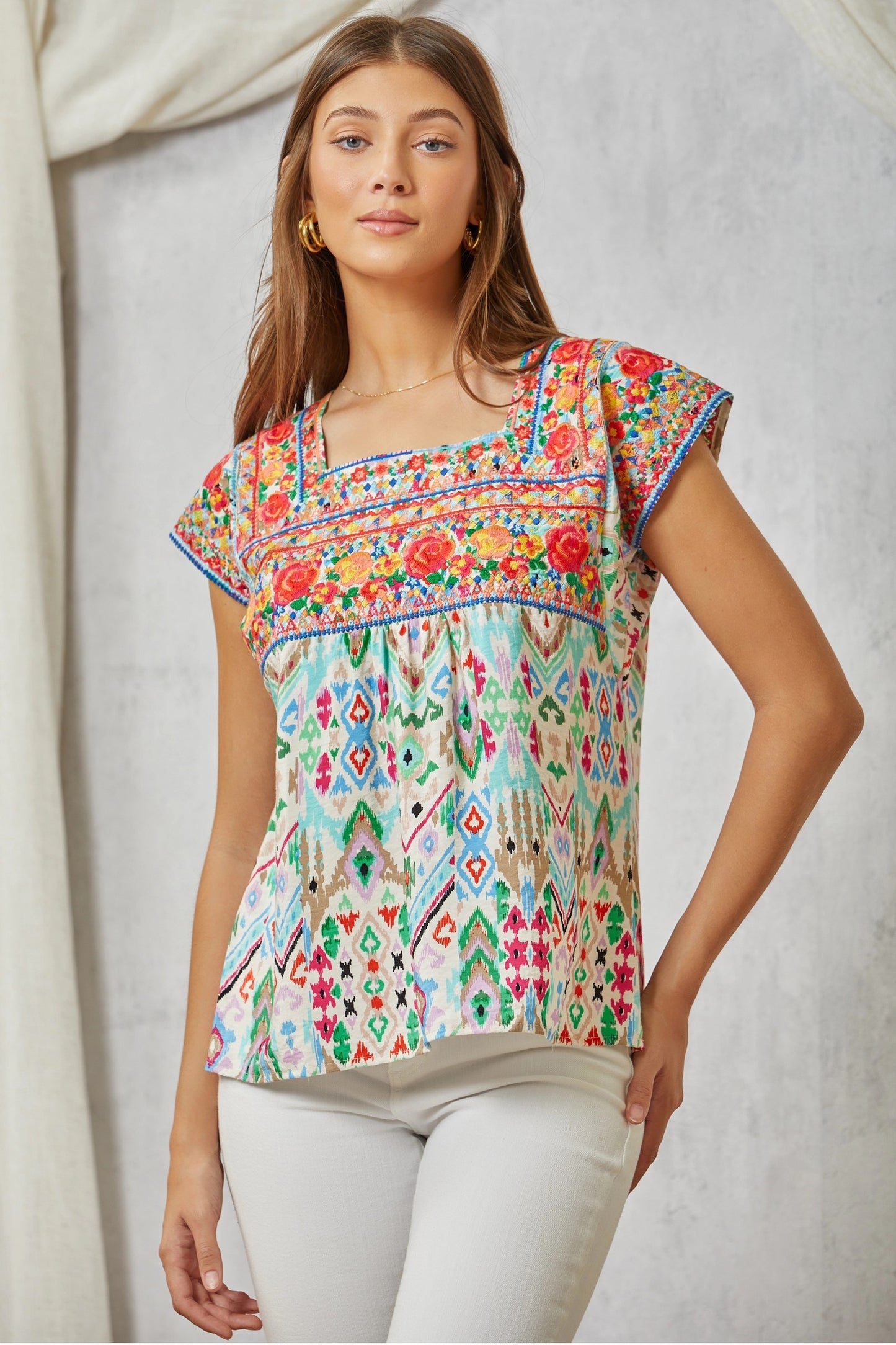 Aztec Tunic Top w/Square Neckline