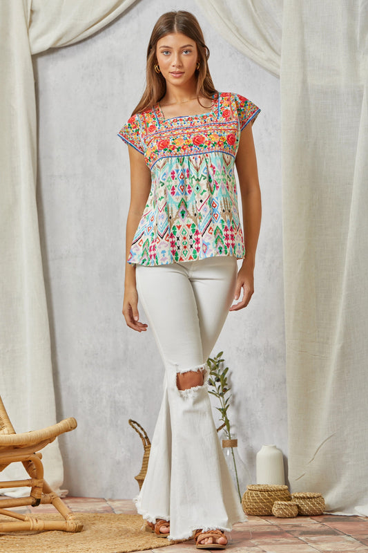Aztec Tunic Top w/Square Neckline