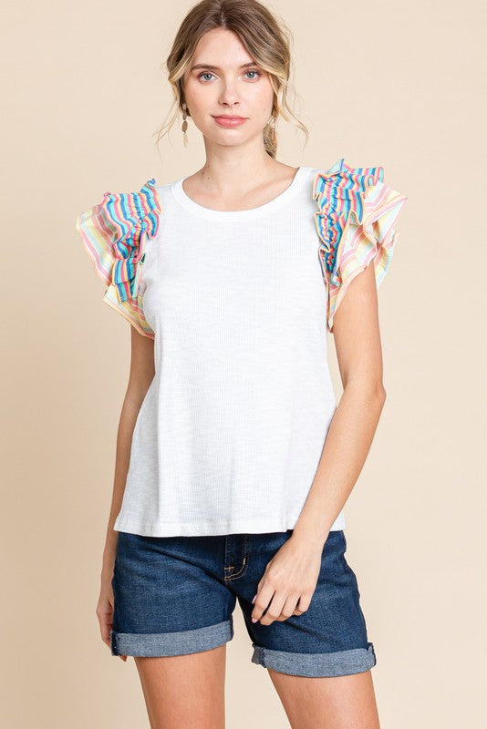 Striped Layer Flutter Sleeves Top