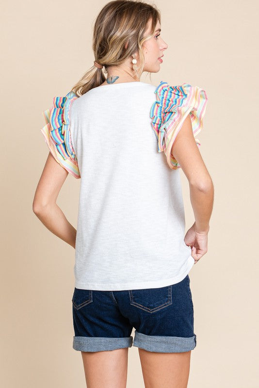 Striped Layer Flutter Sleeves Top