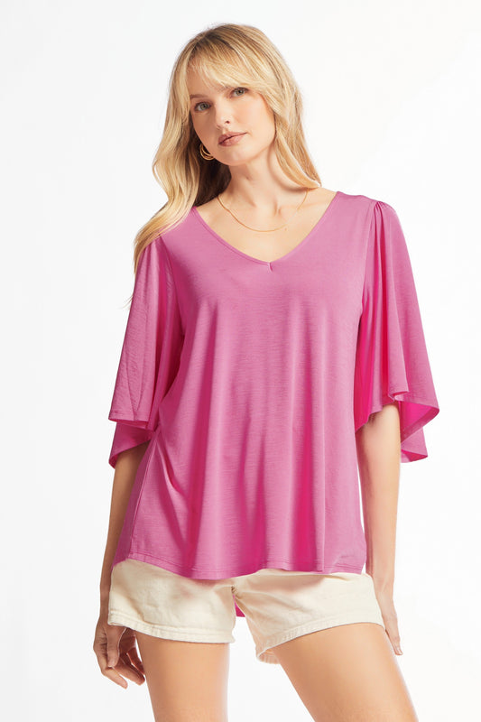 Solid V-Neck Flutter Top