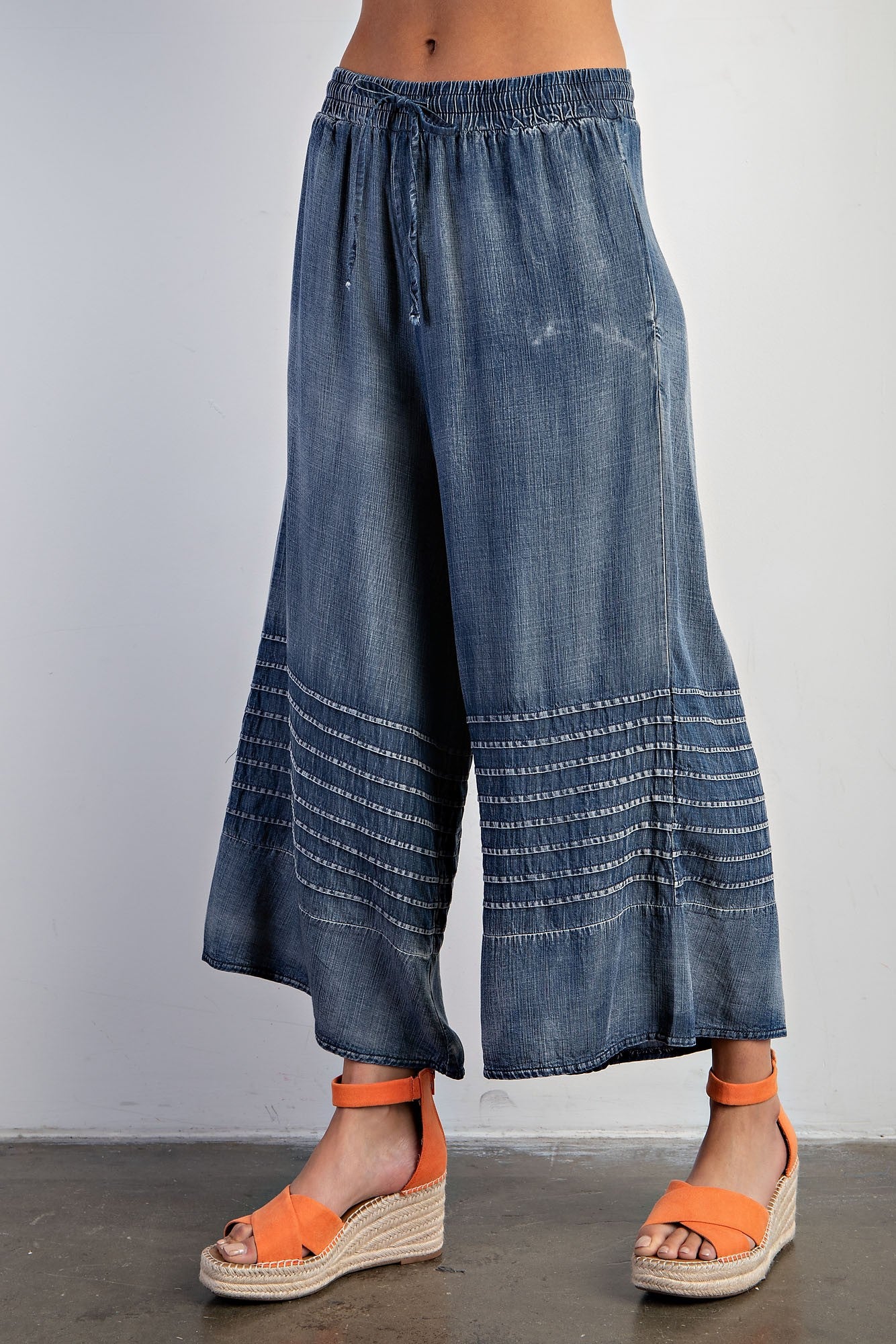 Mineral Washed Chambray Wide Leg Capri Pants