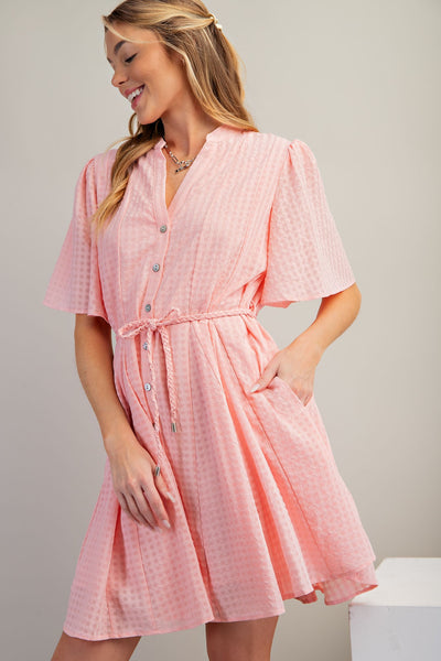 Peach Pink Textured Waist Tie Dress