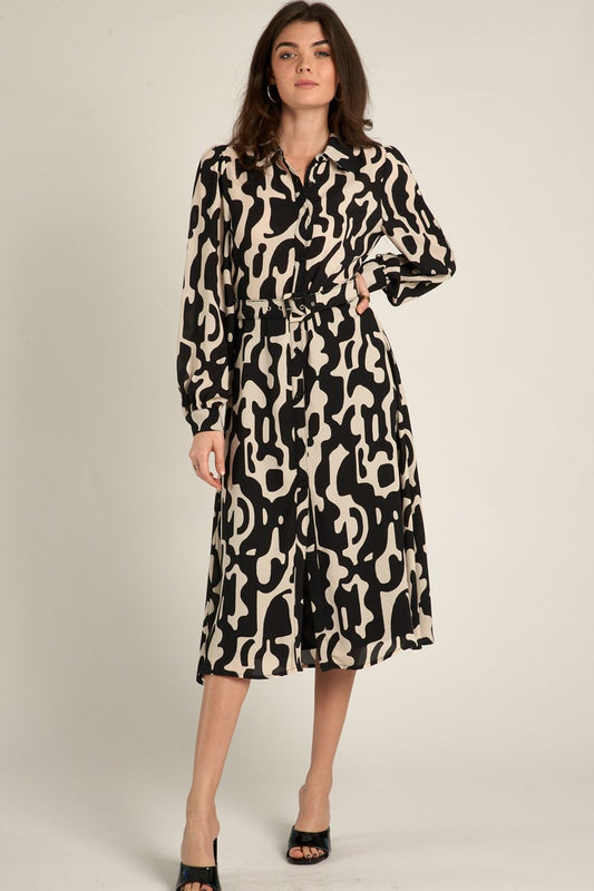 Long Sleeve Belted Chiffon Shirt Dress