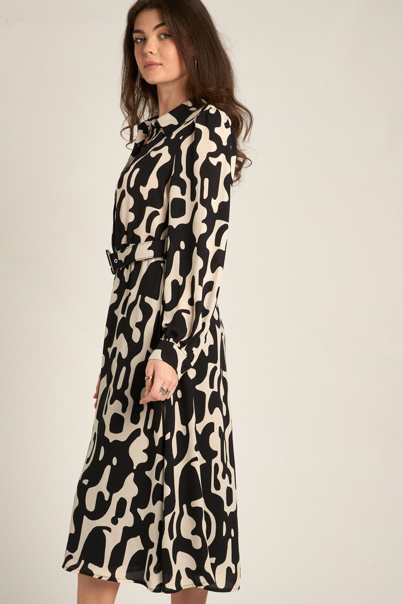 Long Sleeve Belted Chiffon Shirt Dress