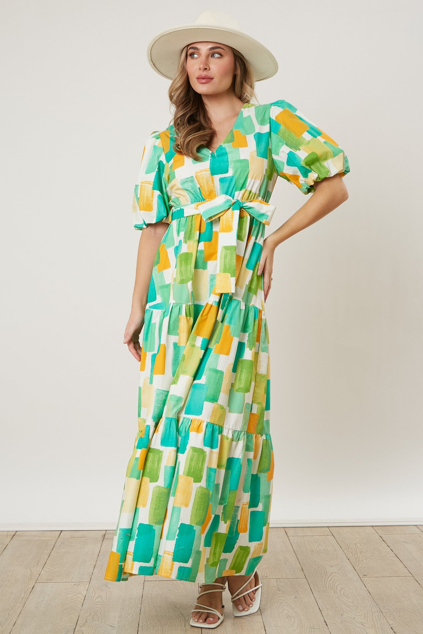 Brush Print Puff Sleeve Tiered Maxi Dress