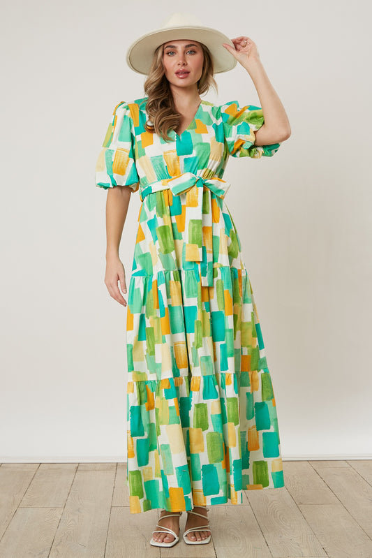 Brush Print Puff Sleeve Tiered Maxi Dress