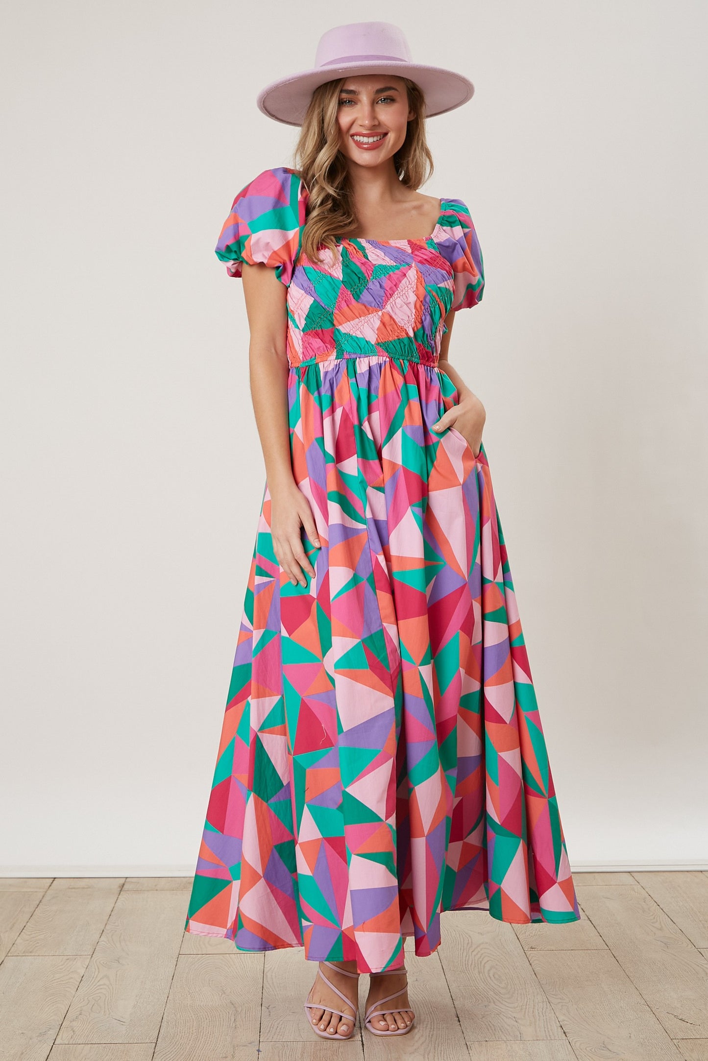 Geo Print Biased Smock Maxi Dress