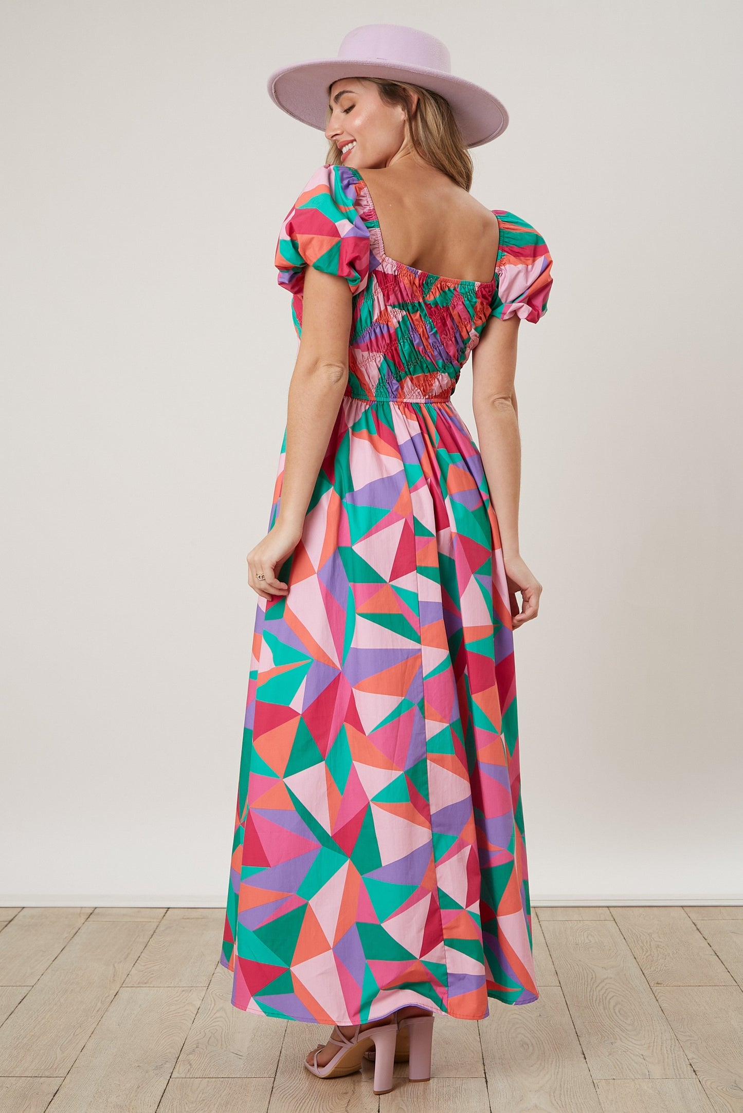 Geo Print Biased Smock Maxi Dress