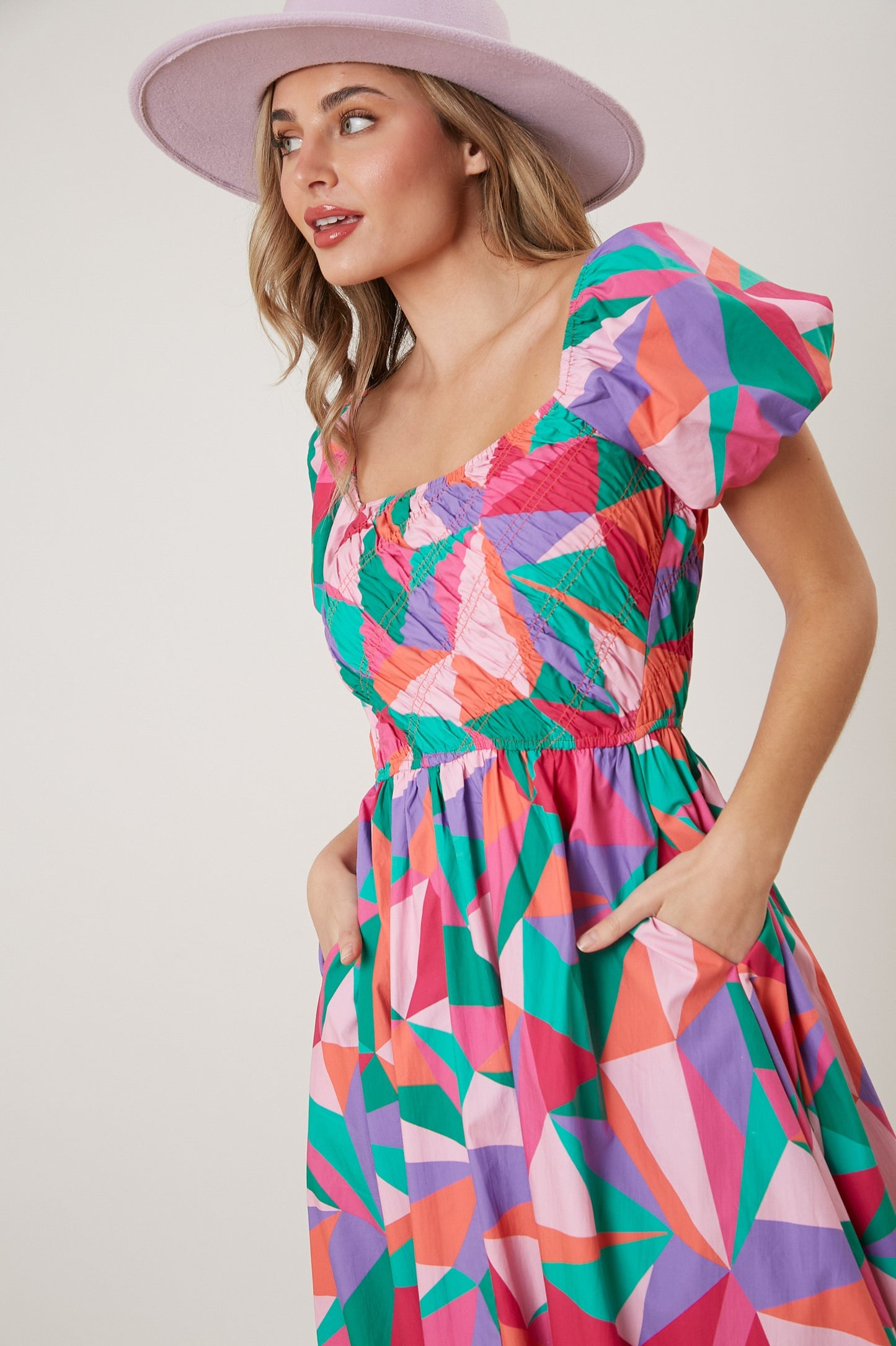 Geo Print Biased Smock Maxi Dress