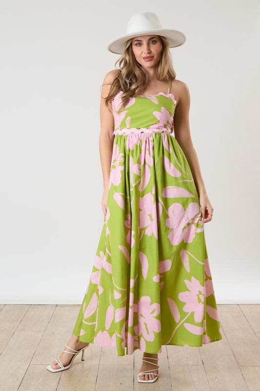 Olive/ Pink Ric Rac Trim Tie Back Dress