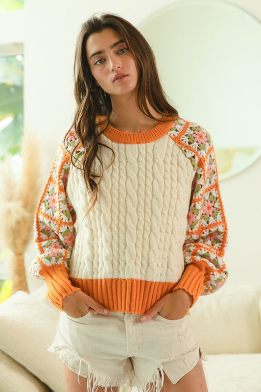 HANDMADE GRANNY SQUARE RAGLAN SLEEVE CABLE KNIT SW