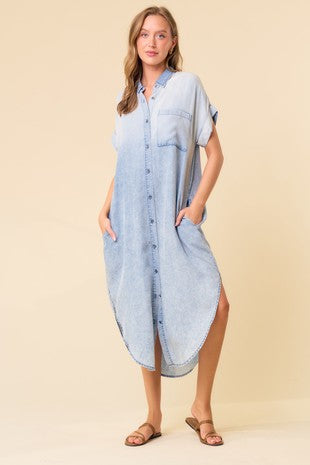Short Sleeve Denim Midi Dress
