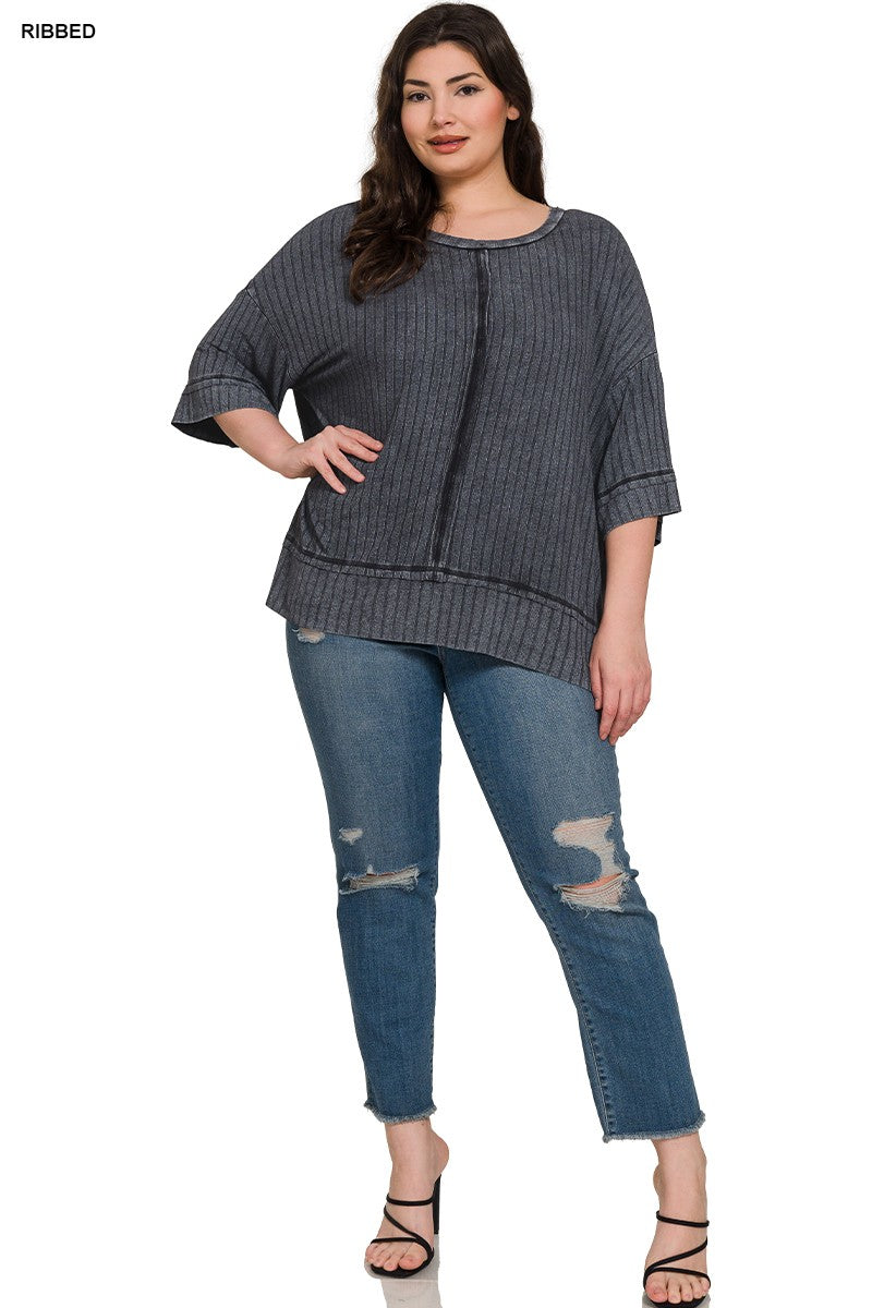 Ribbed Drop Shoulder Half Sleeve Top