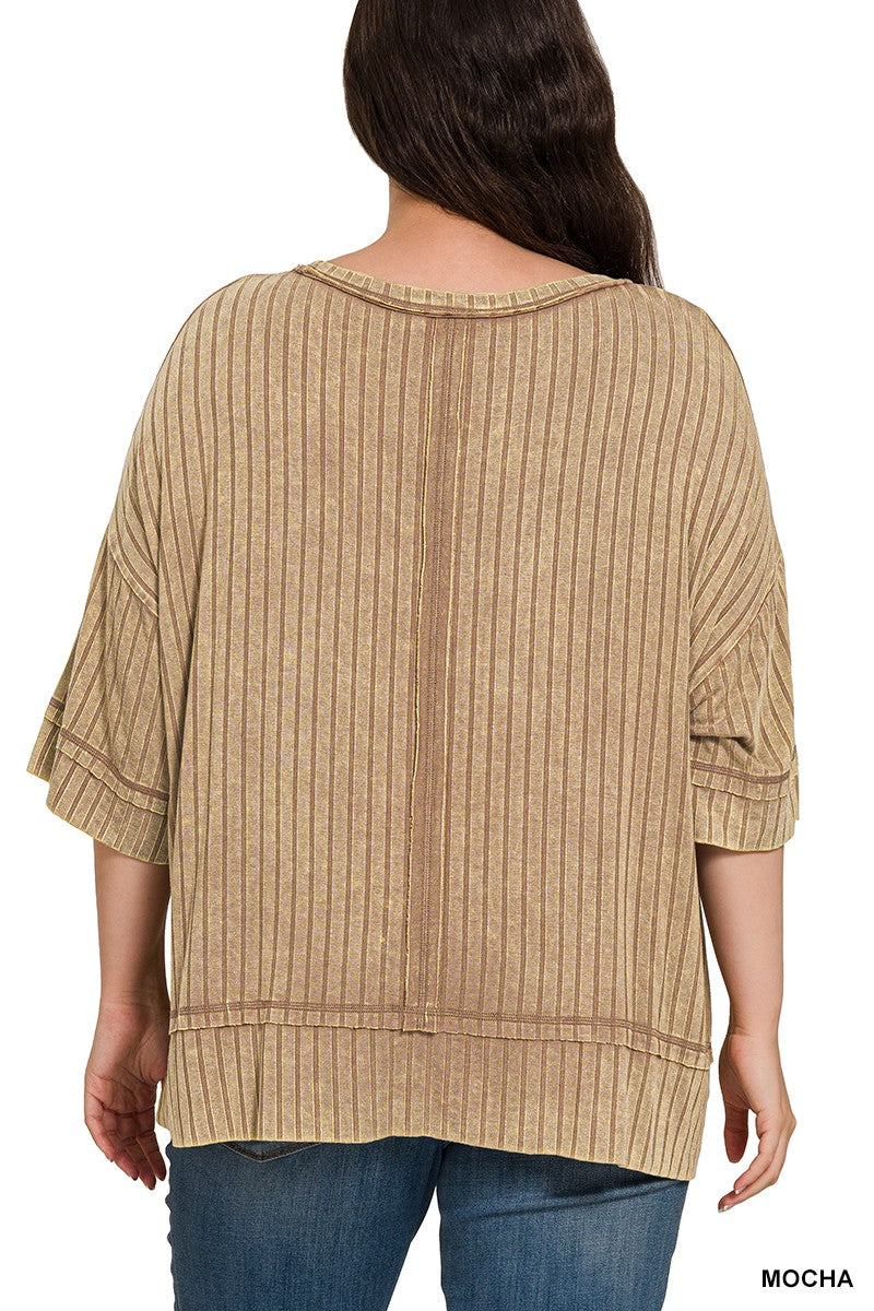 Ribbed Drop Shoulder Half Sleeve Top