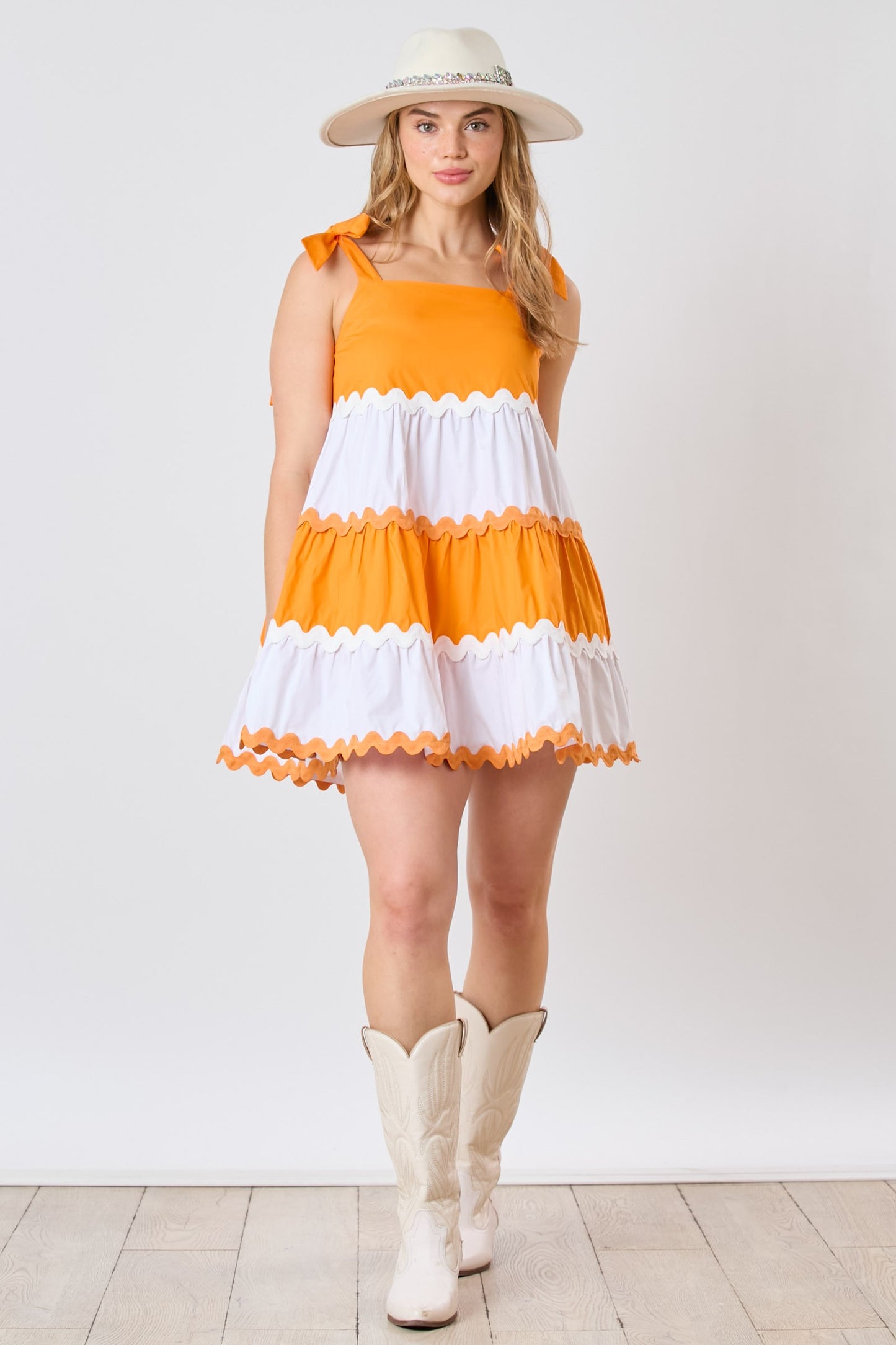 Orange and White Shoulder Tie Mini Dress