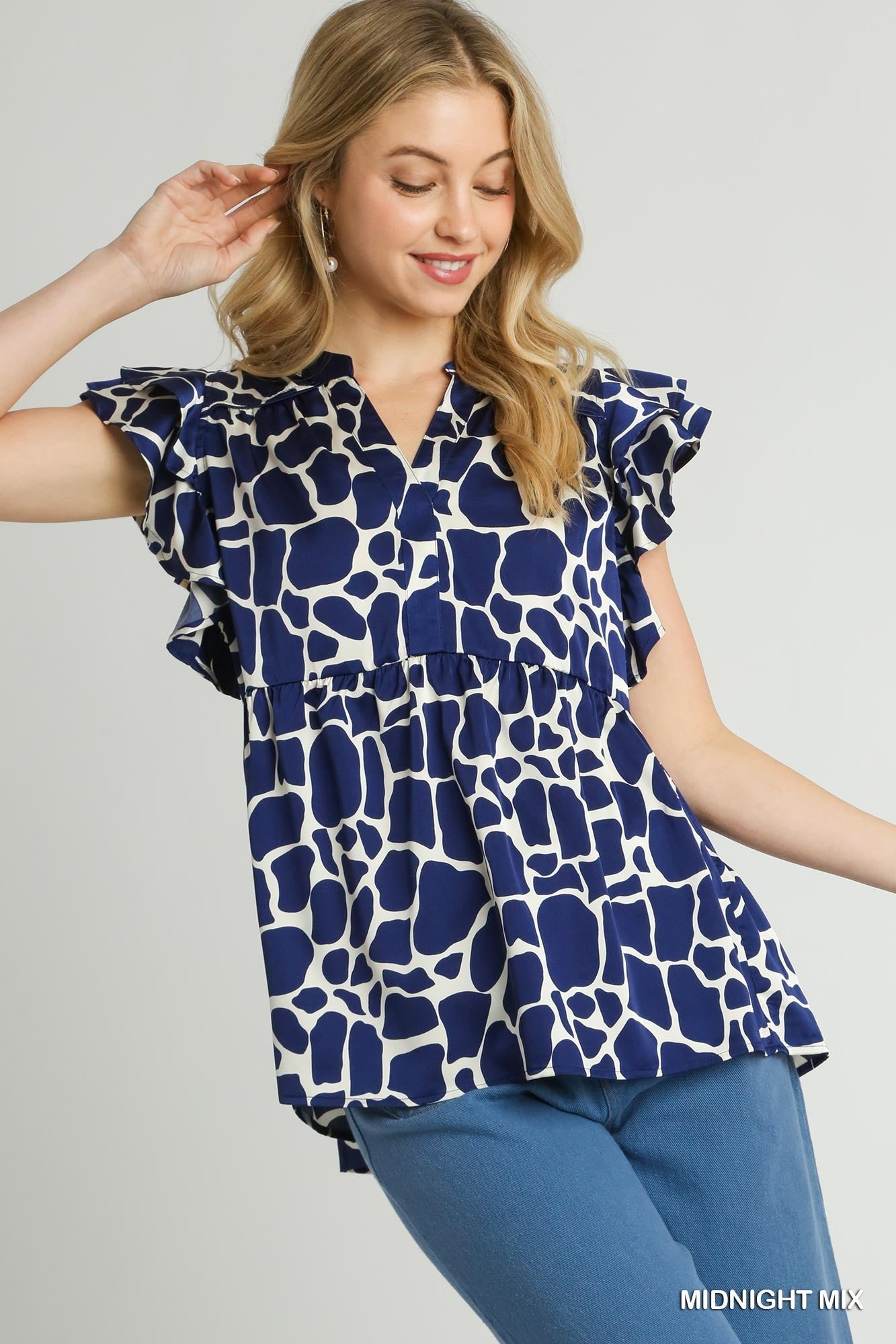 Blue / Animal Print Ruffle Top