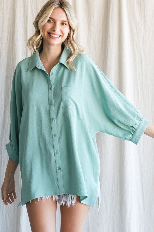 Solid 3/4 Dolman Sleeves Collar Top