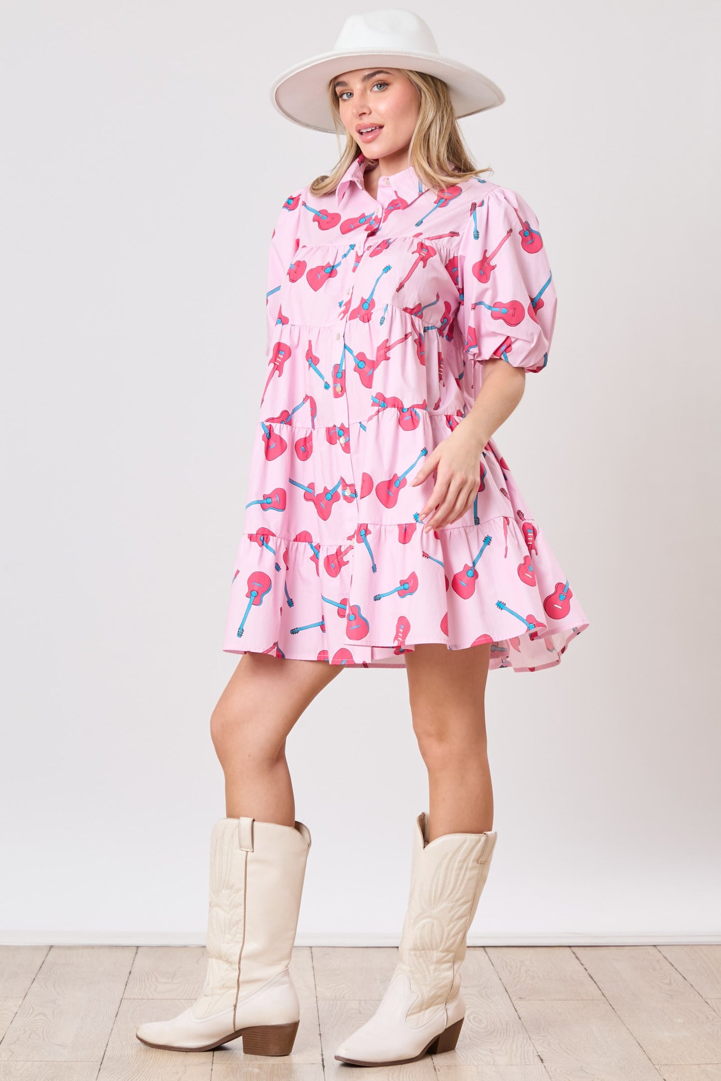 Guitar Prints Puff Sleeve Shirt Dress