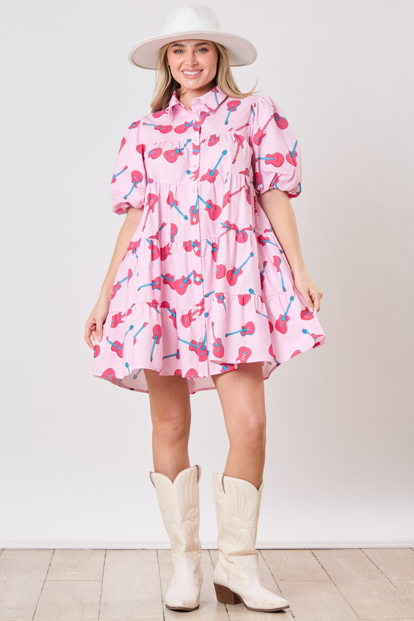 Guitar Prints Puff Sleeve Shirt Dress