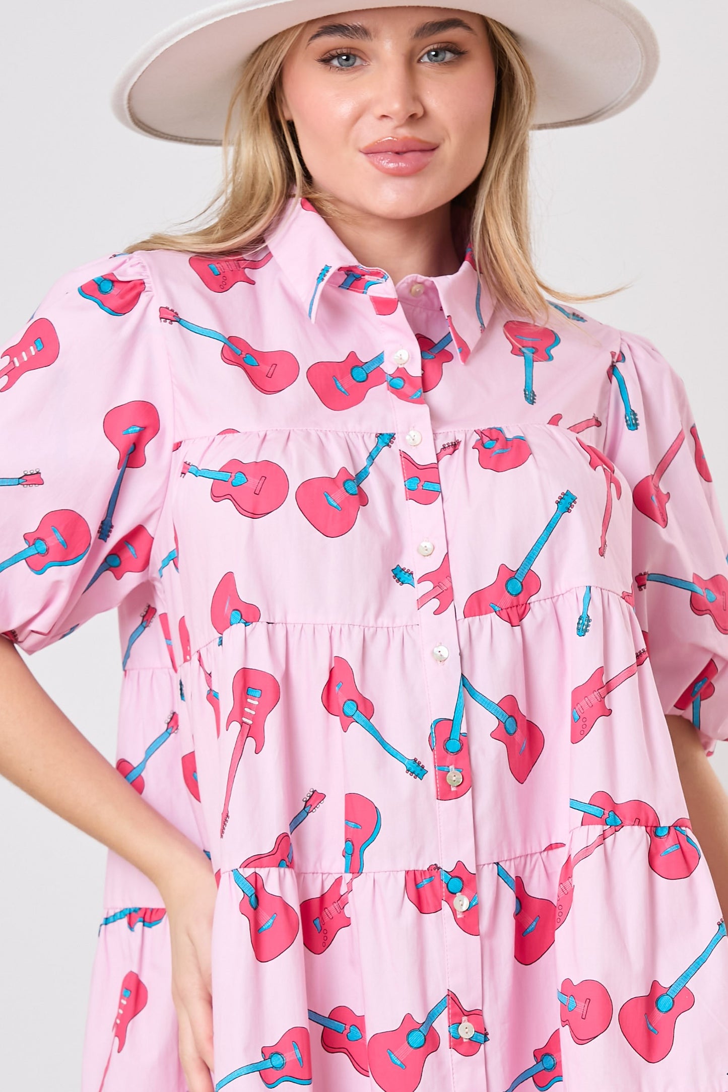 Guitar Prints Puff Sleeve Shirt Dress