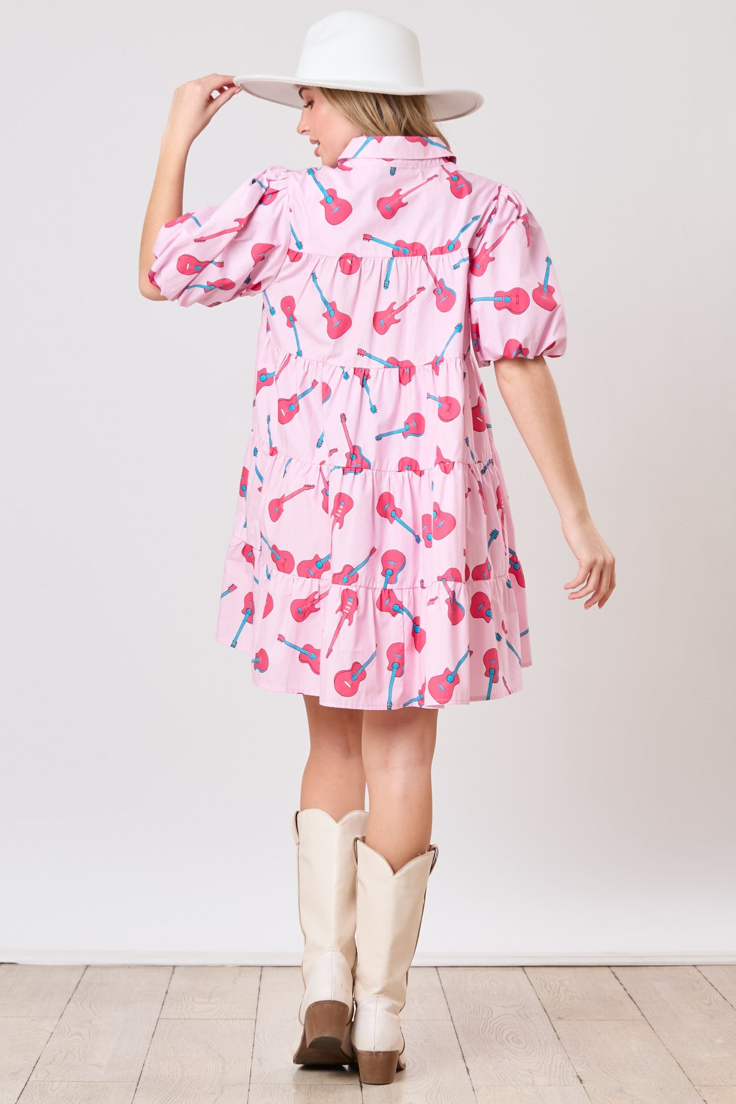 Guitar Prints Puff Sleeve Shirt Dress